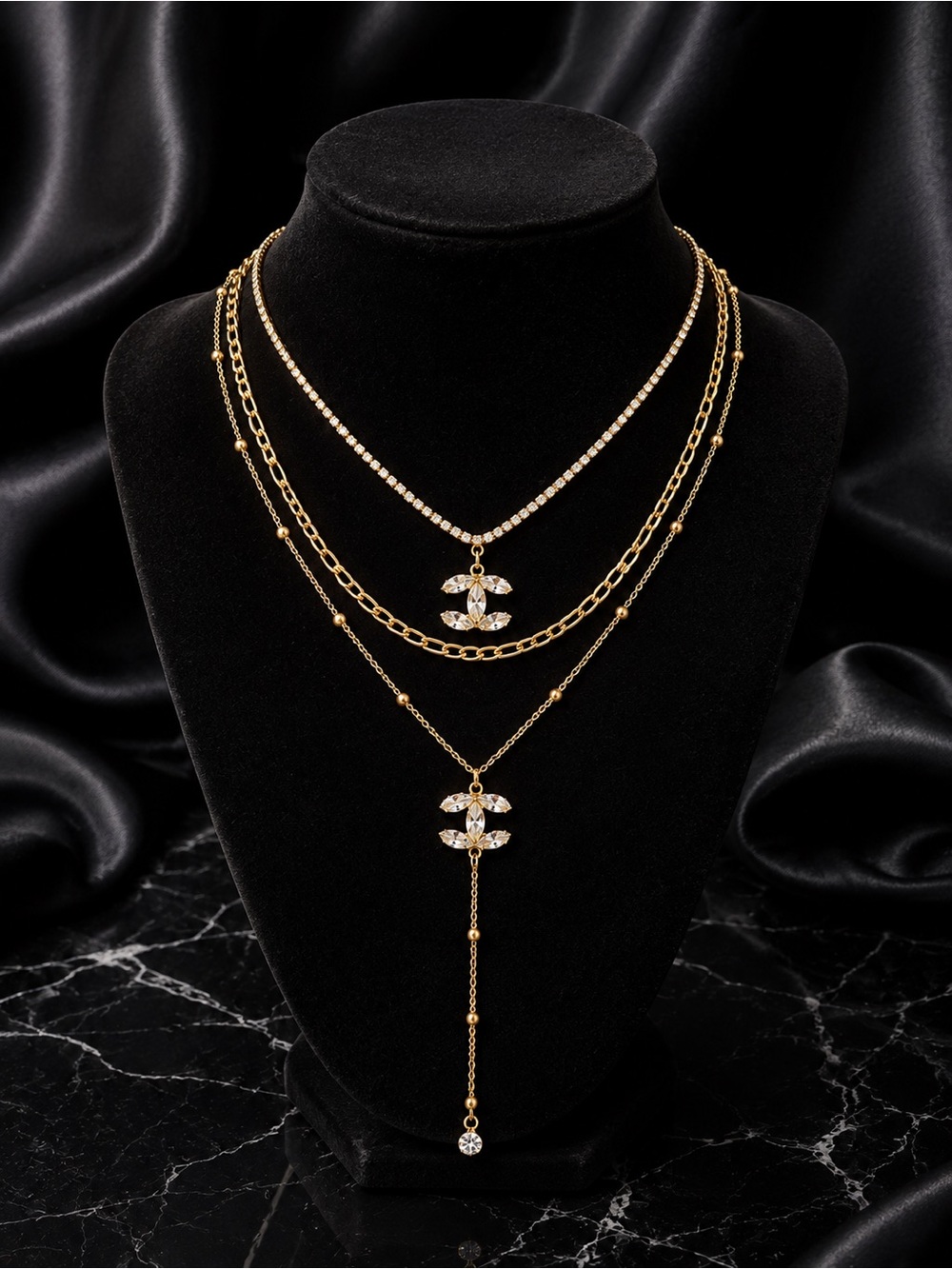 Gold Crystal CC Logo Layered Lariat Necklace Set